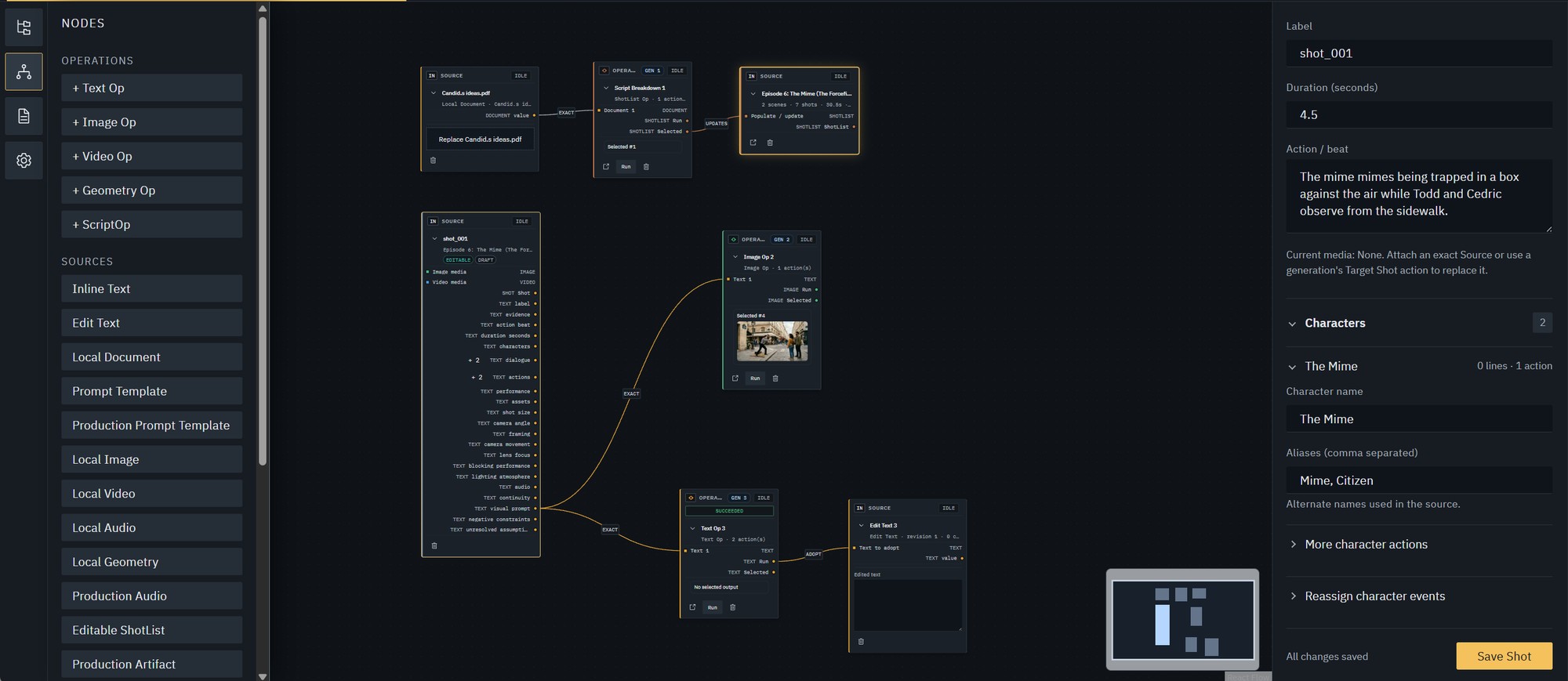 The NOMAD node interface, with the script breakdown and shot graph for a CANDID.S episode